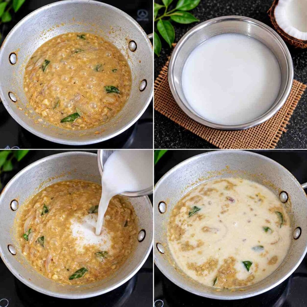 Fresh coconut milk being added to cooked potato gravy in a kadai