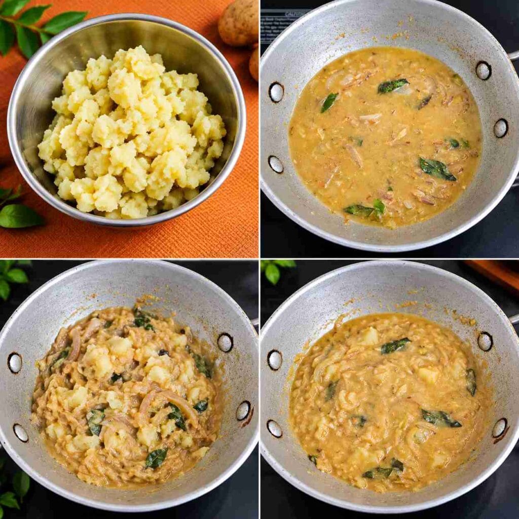 Mashed potato added to the spiced onion gravy for potato egg curry