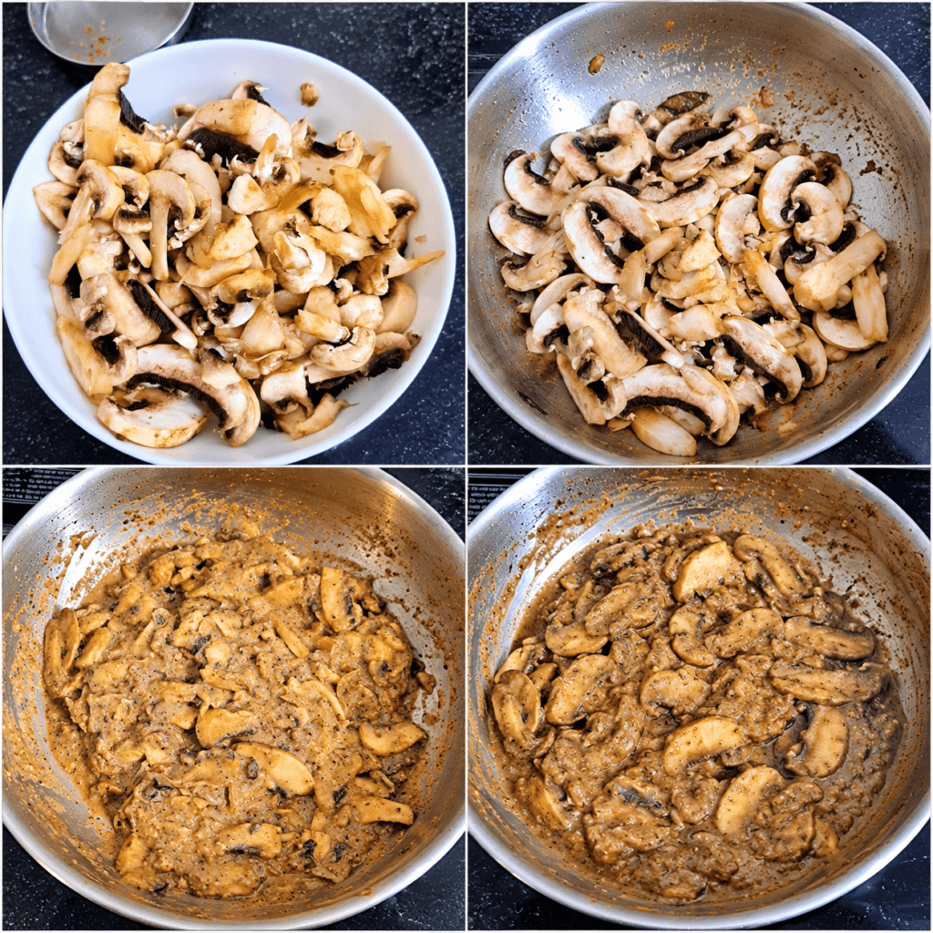 Sliced mushrooms cooking in homemade pepper masala in a stainless steel pan