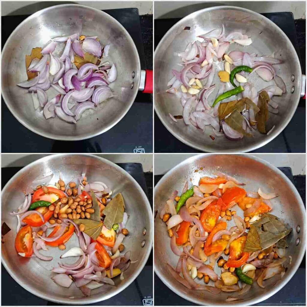 Sliced onions, garlic, ginger, green chilli, peanuts and tomatoes cooking in a pan