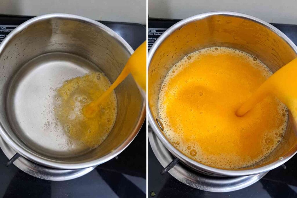 Fresh orange juice being poured into sugar syrup in a saucepan