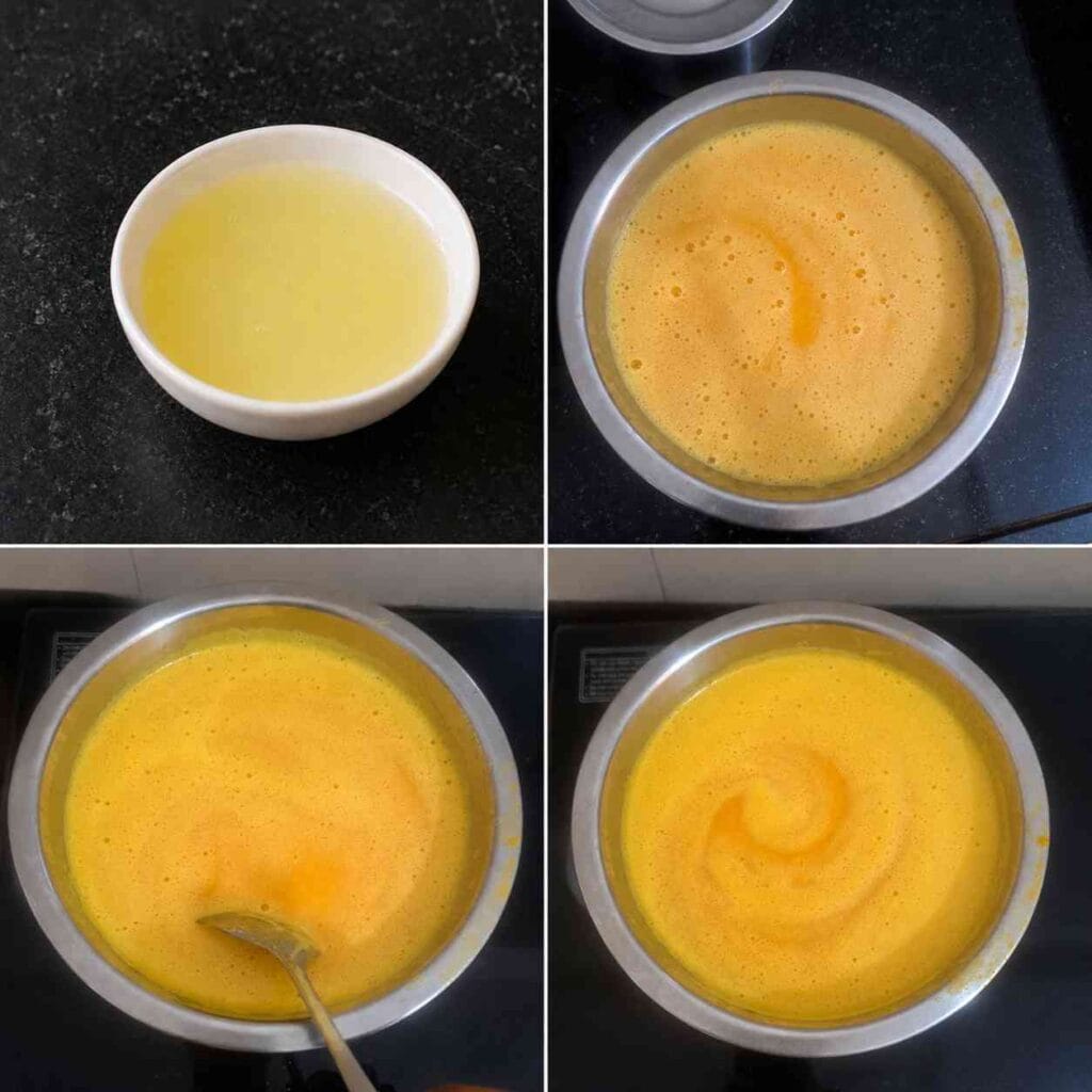 Lemon juice in a bowl beside orange mixture in a saucepan
