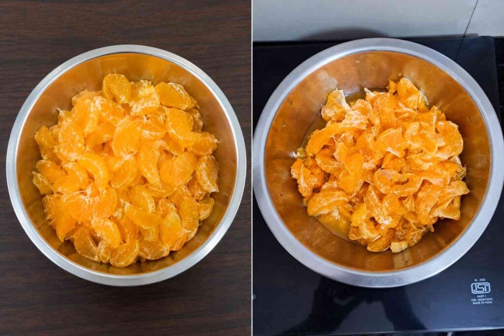 Peeled orange segments in a steel bowl