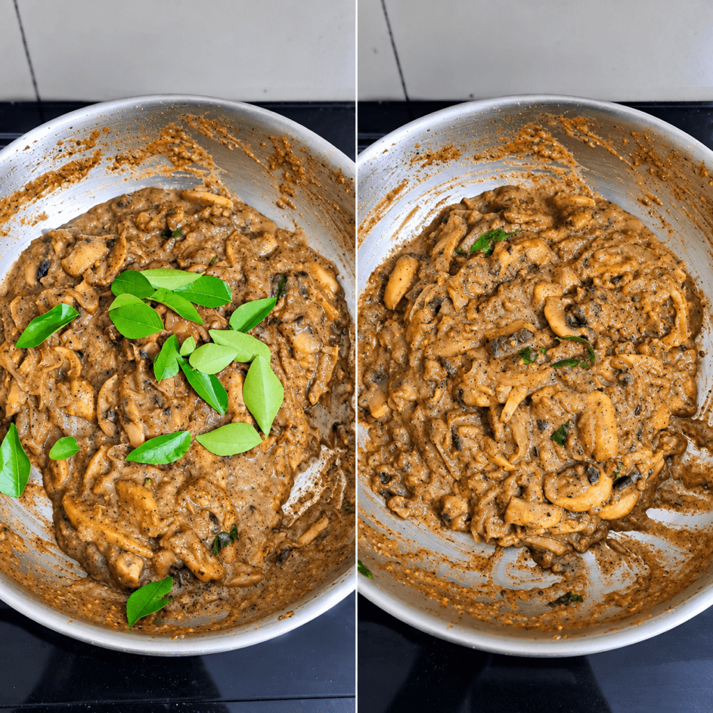 Cooked pepper mushroom masala with curry leaves in a stainless steel pan