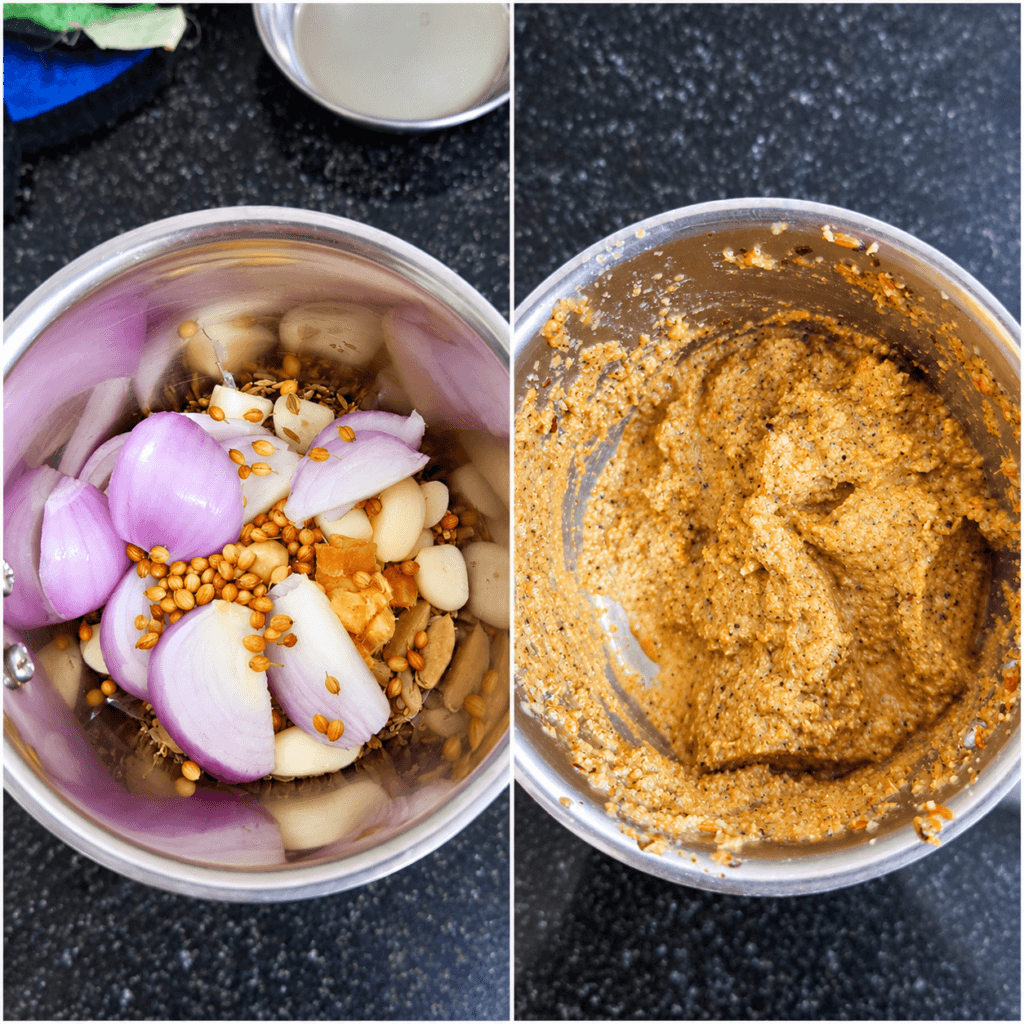 Ingredients for Pepper Mushroom Masala and freshly ground spice paste in bowls