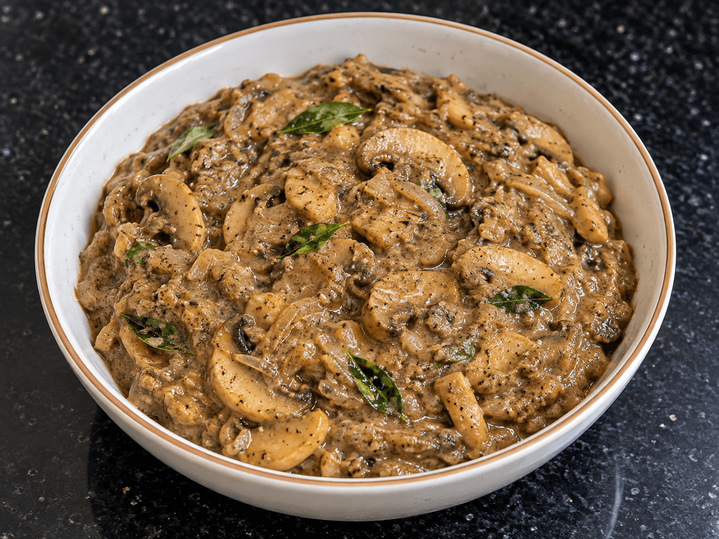 Bowl of homemade Pepper Mushroom Masala garnished with fresh curry leaves