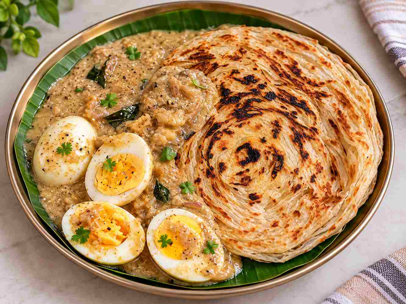 Potato egg curry with boiled eggs served with Malabar parotta