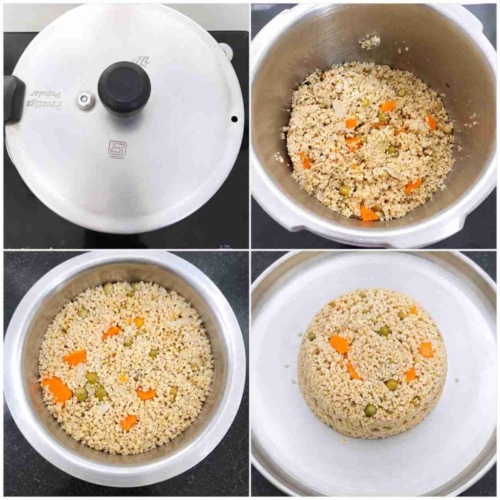 Pressure cooker Thinai Upma with carrots and green peas, shown cooked and served on a plate