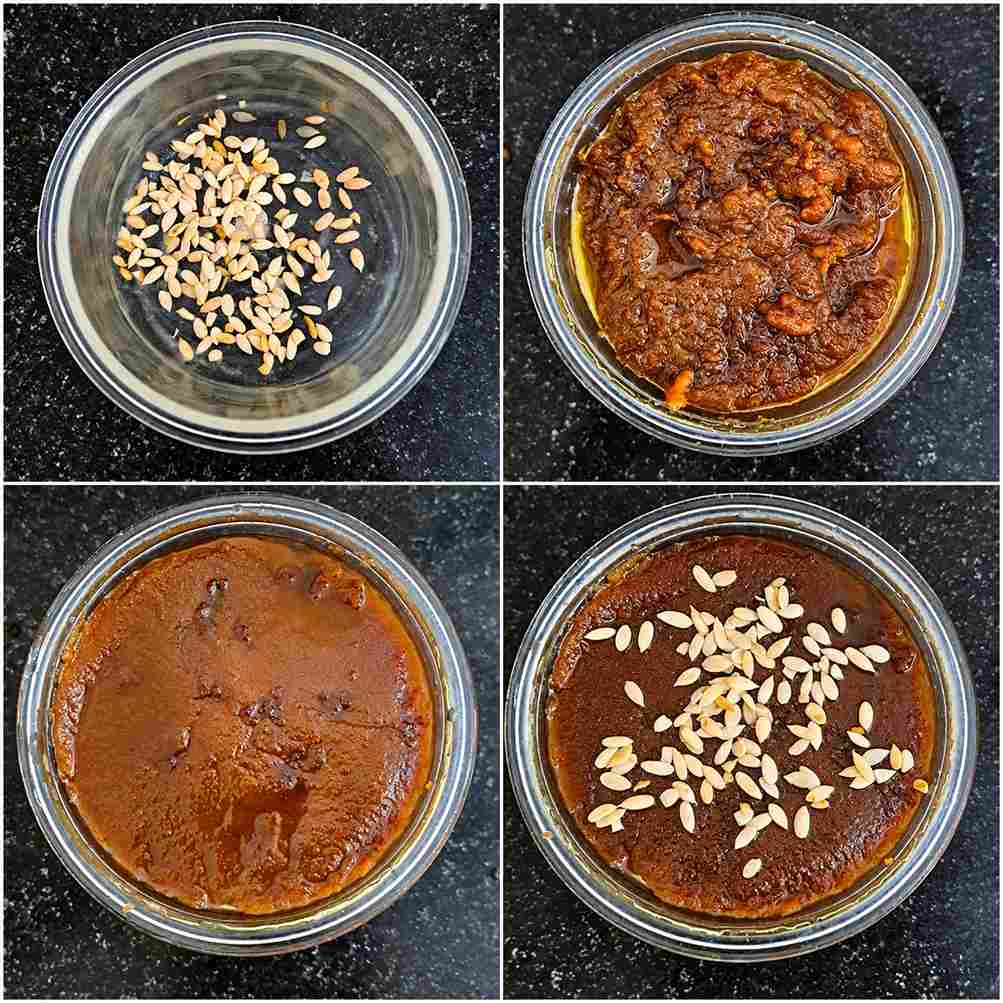 Red poha halwa in a bowl topped with muskmelon seeds