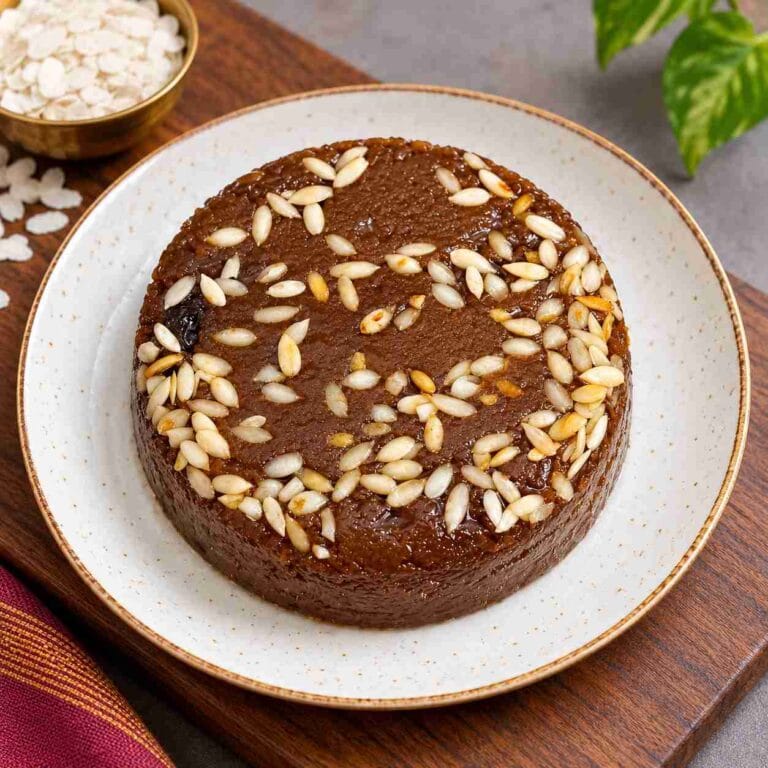 Round red poha halwa topped with muskmelon seeds on a plate