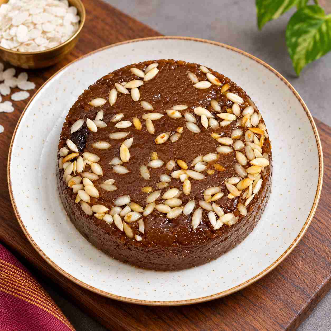 Round red poha halwa topped with muskmelon seeds on a plate