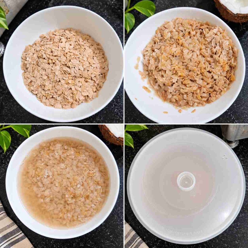 Red poha shown dry, washed and soaked in water in four preparation stages for Aval Laddu Recipe