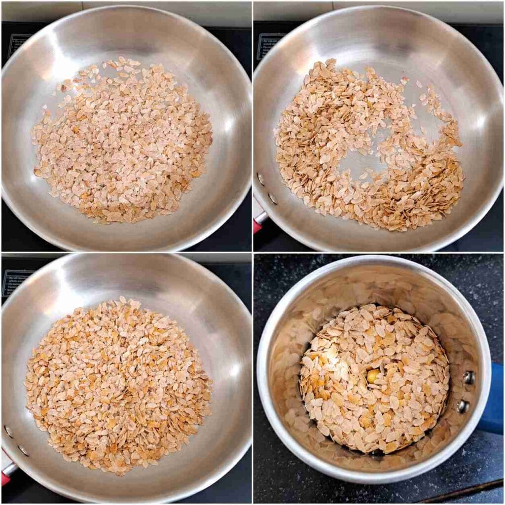 Red poha being dry roasted in a pan and placed in a mixer jar