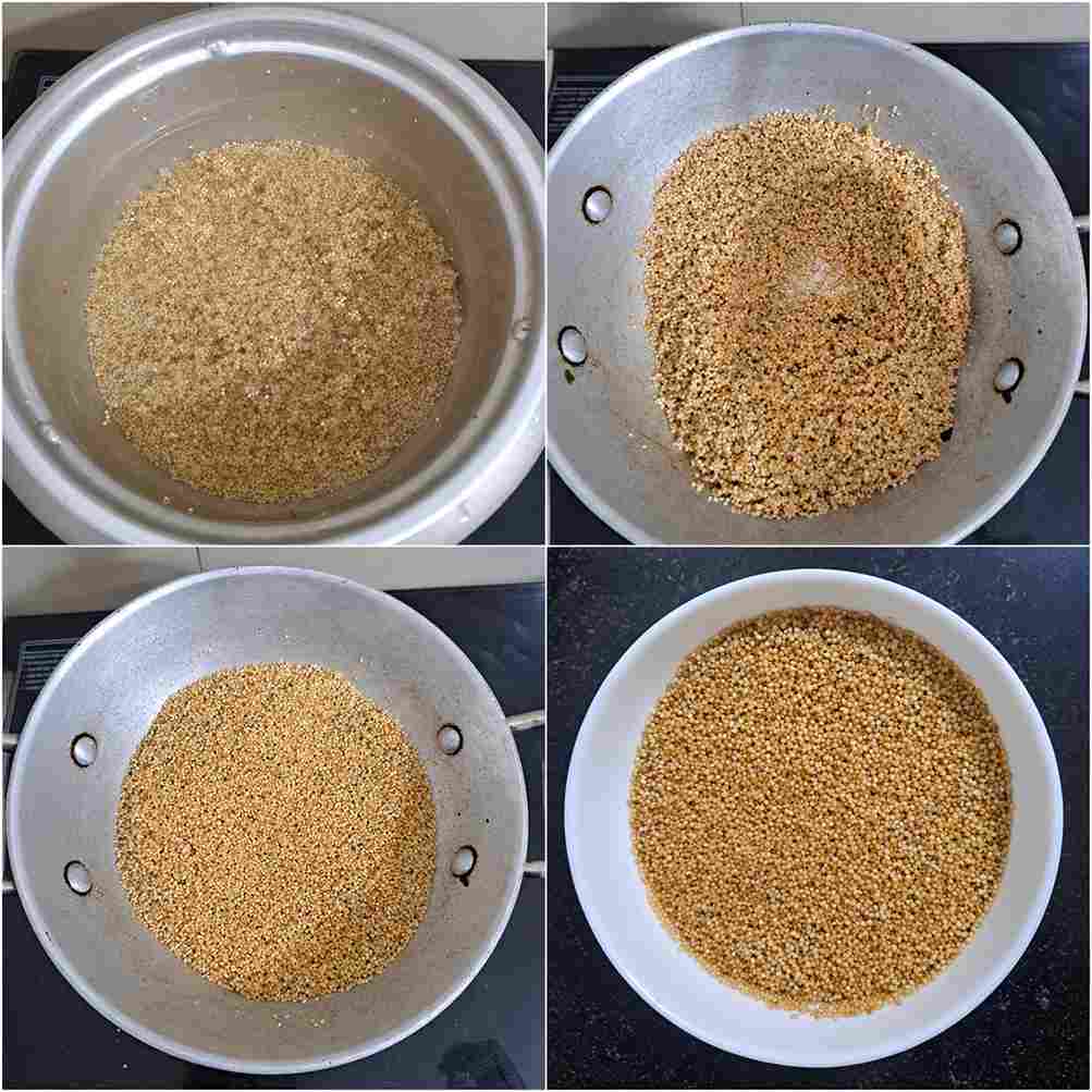 Soaked Thinai being dry-roasted in a pan until the moisture is removed
