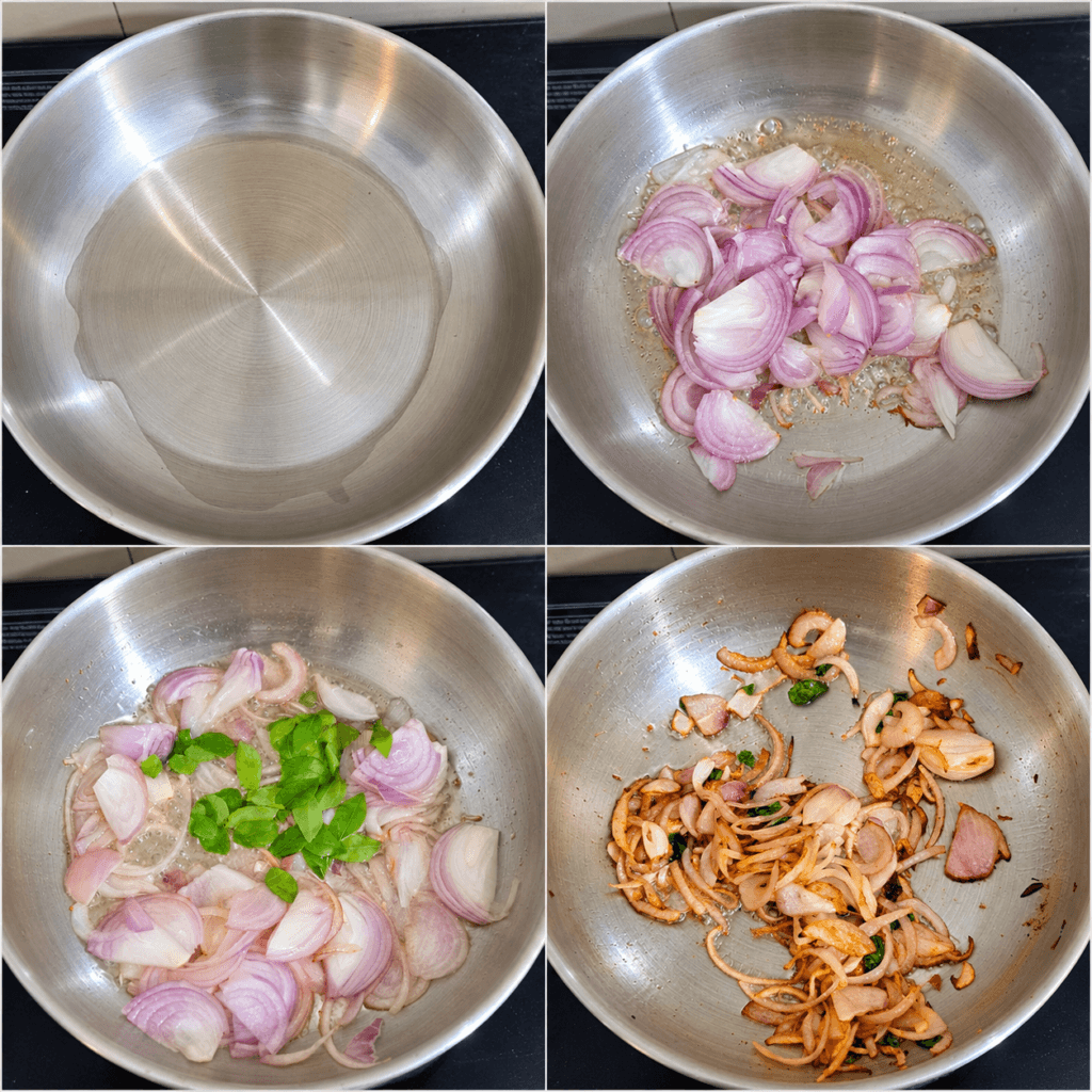 Sliced onion and curry leaves sautéing in oil in a stainless steel pan