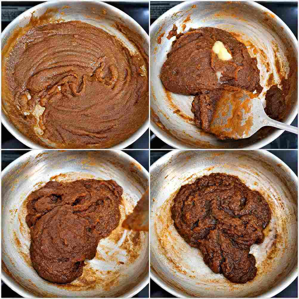 Sigappu aval halwa thickening in a pan with ghee being added