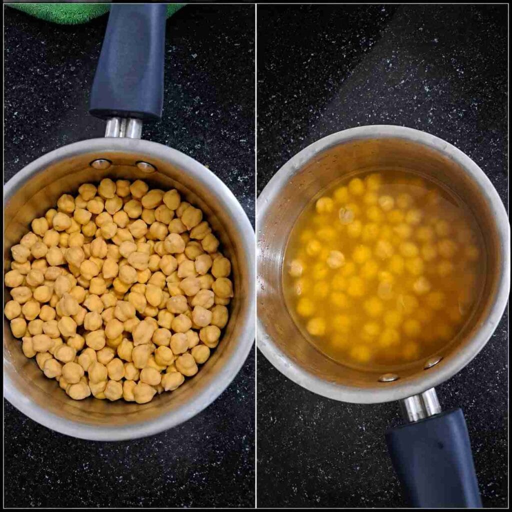 Soaked and boiled chickpeas in separate pans for chana masala