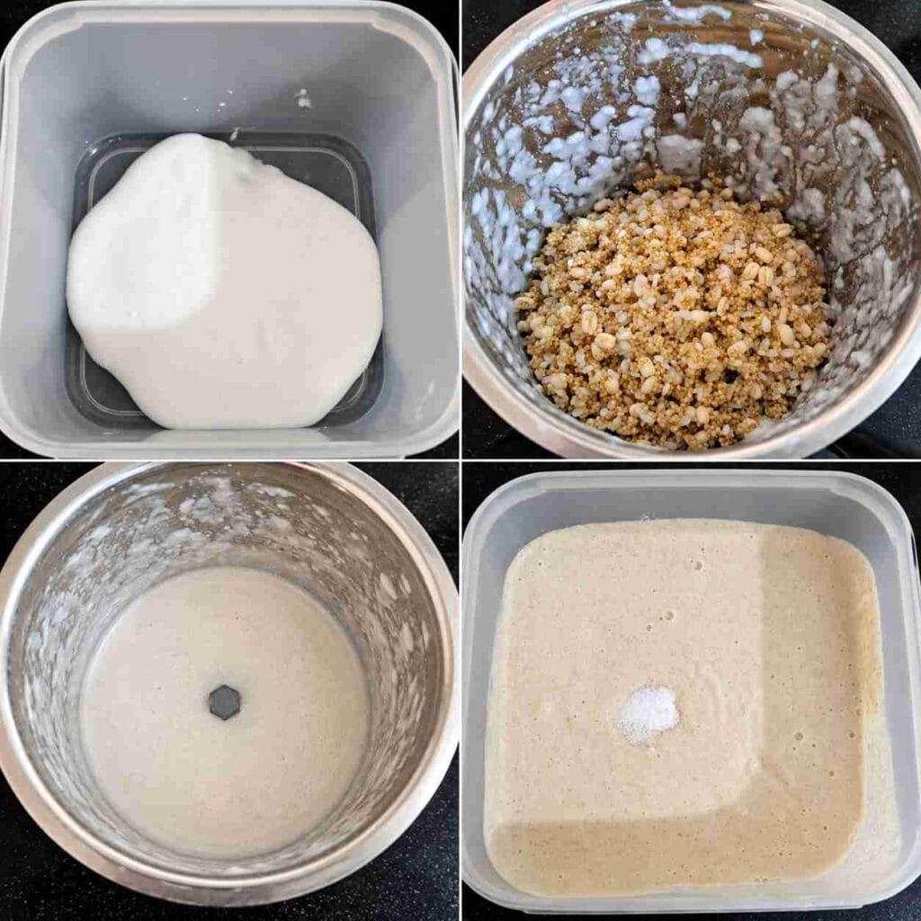 Soaked thinai, rice and urad dal being ground into dosa batter